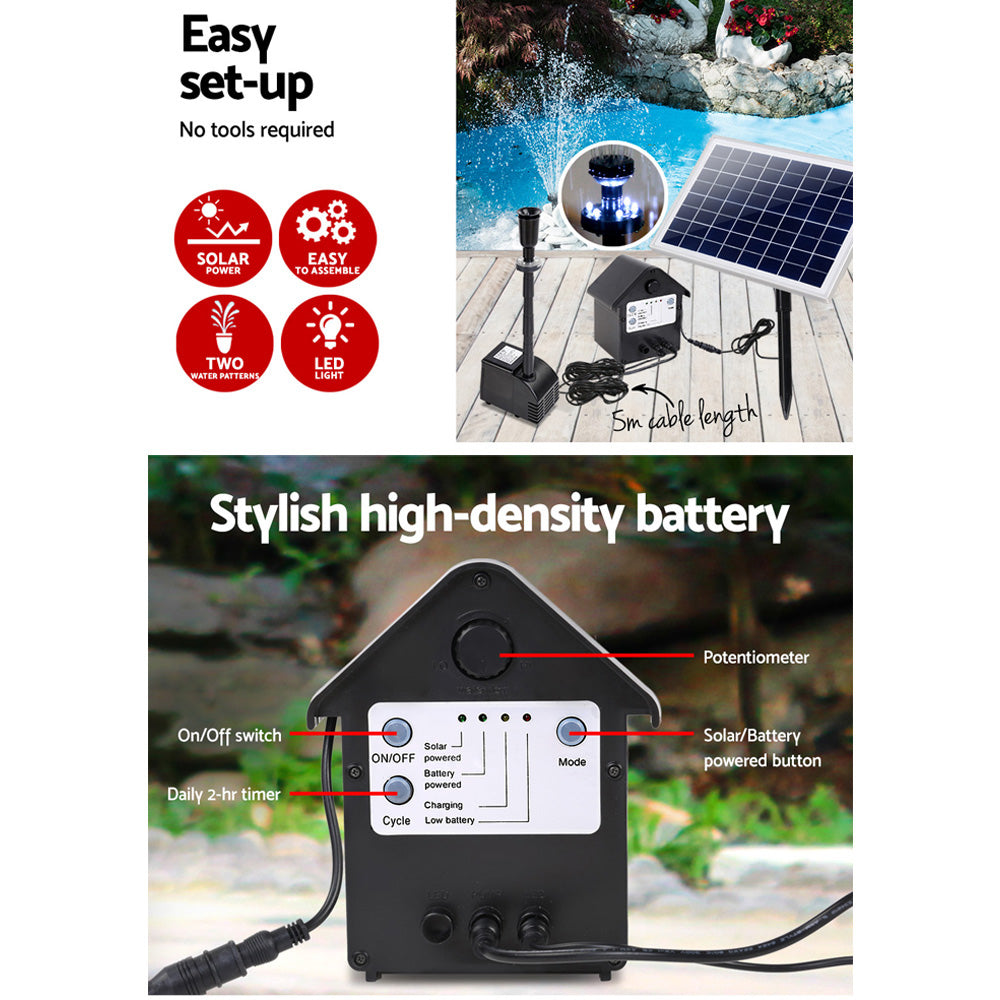 Gardeon Solar Pond Pump with Battery Kit LED Lights 6.6FT