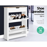 Thumbnail for Artiss Shoe Cabinet Rack Storage Organiser Cupboard Shelf Drawer 16 Pairs White