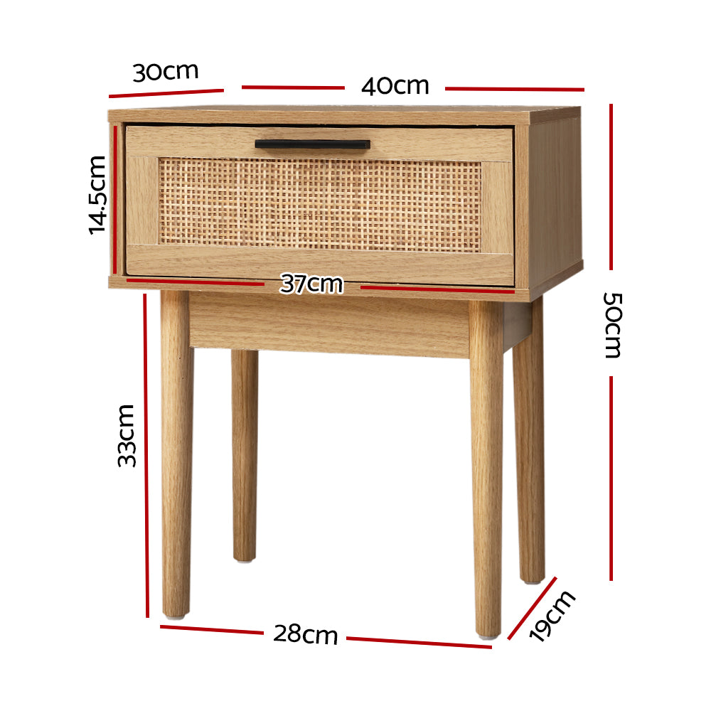 Bedside Table-1-Drawer Storage Cabinet-Rattan Wood-Artiss