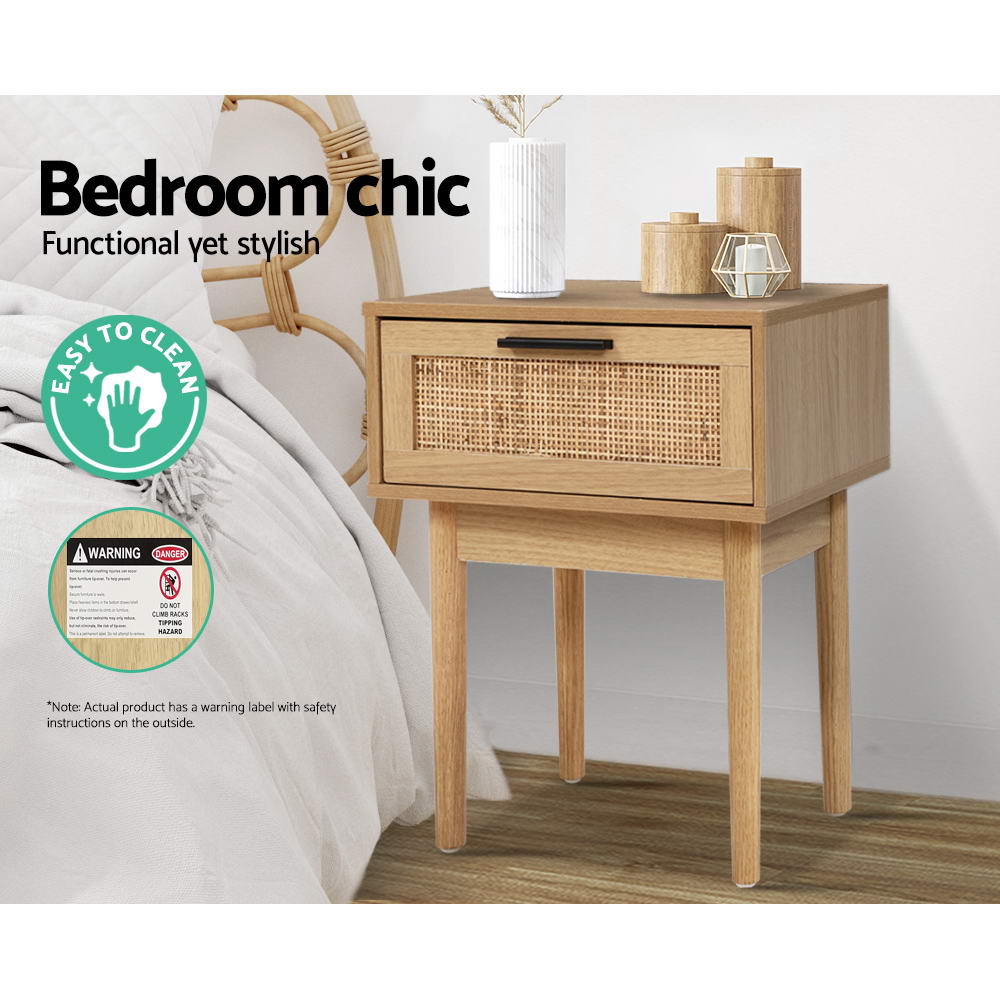 Bedside Table-1-Drawer Storage Cabinet-Rattan Wood-Artiss