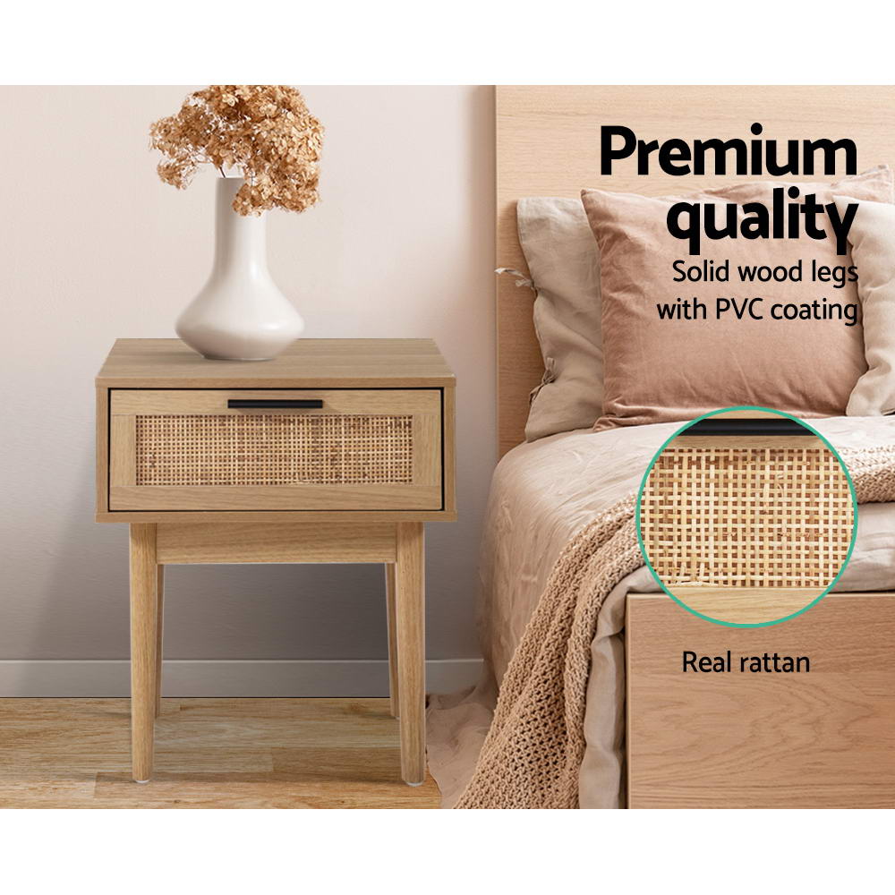 Bedside Table-1-Drawer Storage Cabinet-Rattan Wood-Artiss