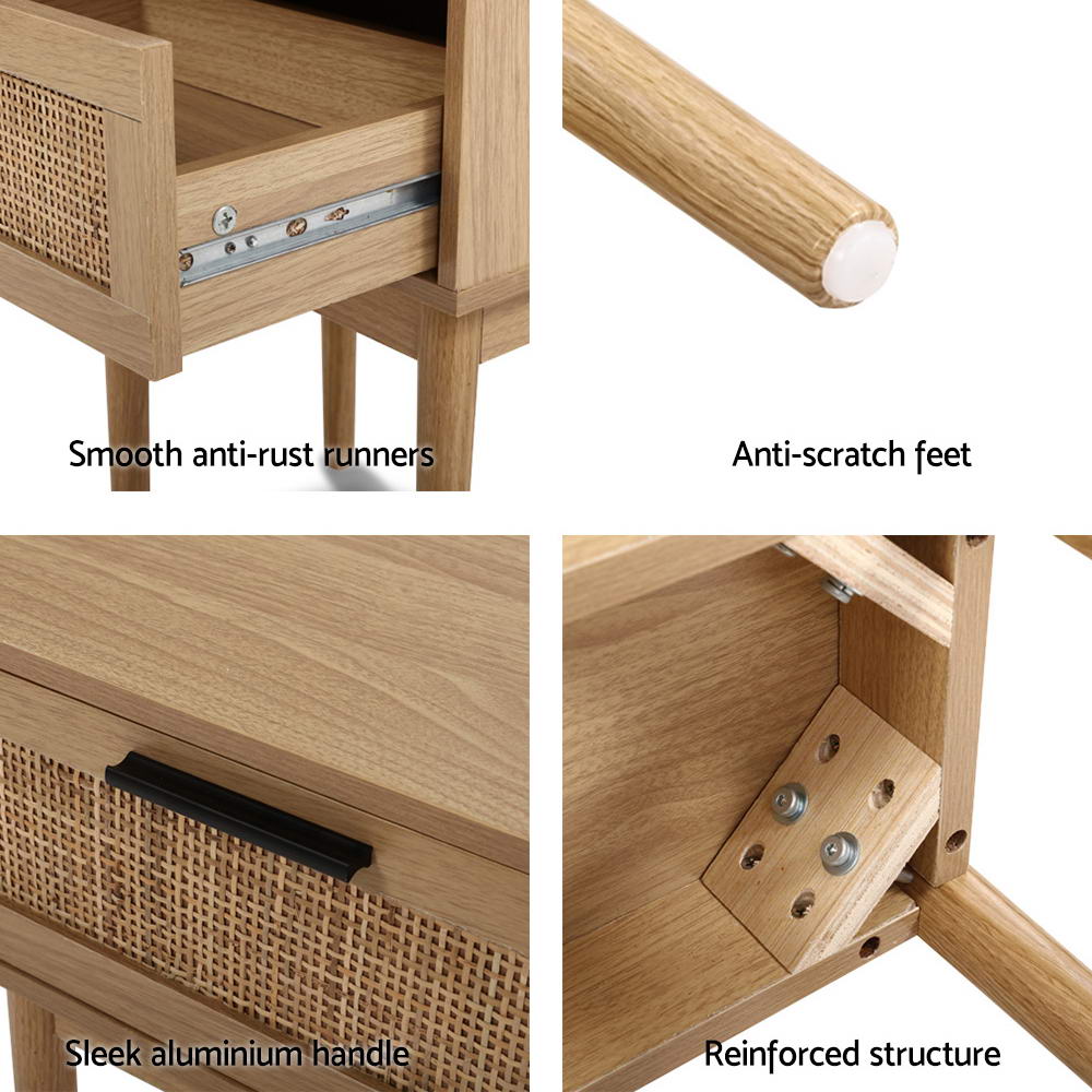 Bedside Table-1-Drawer Storage Cabinet-Rattan Wood-Artiss