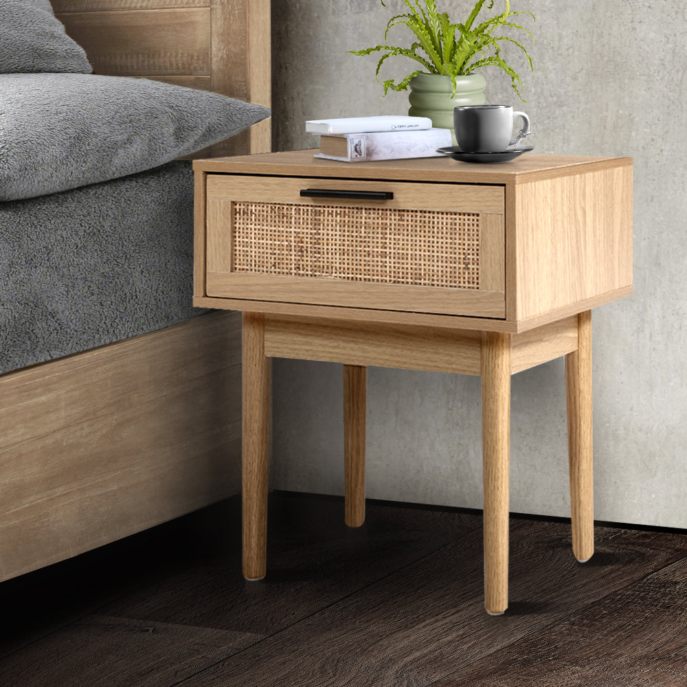 Bedside Table-1-Drawer Storage Cabinet-Rattan Wood-Artiss