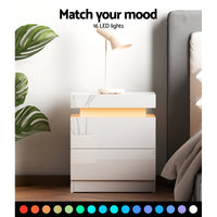 Thumbnail for Artiss Bedside Tables Side Table Drawers RGB LED High Gloss Nightstand White