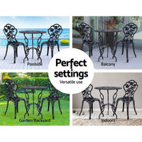 Thumbnail for Gardeon 3PC Outdoor Setting Cast Aluminium Bistro Table Chair Patio Black