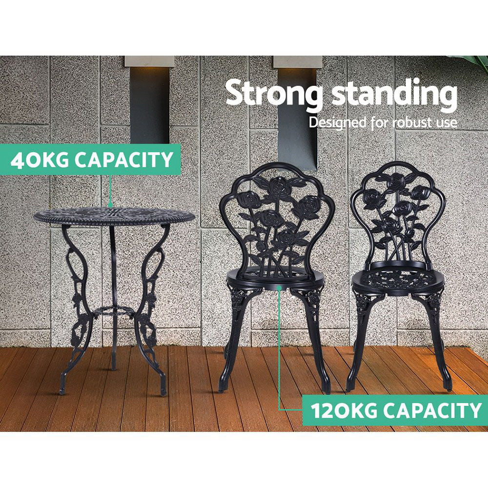 Gardeon 3PC Outdoor Setting Cast Aluminium Bistro Table Chair Patio Black