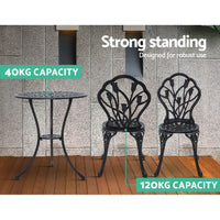 Thumbnail for Gardeon 3PC Outdoor Setting Cast Aluminium Bistro Table Chair Patio Black