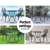 Thumbnail for Gardeon 3PC Outdoor Setting Cast Aluminium Bistro Table Chair Patio Bronze