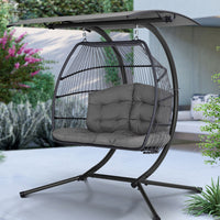 Thumbnail for Gardeon Outdoor Furniture Lounge Hanging Swing Chair Egg Hammock Stand Rattan Wicker Grey