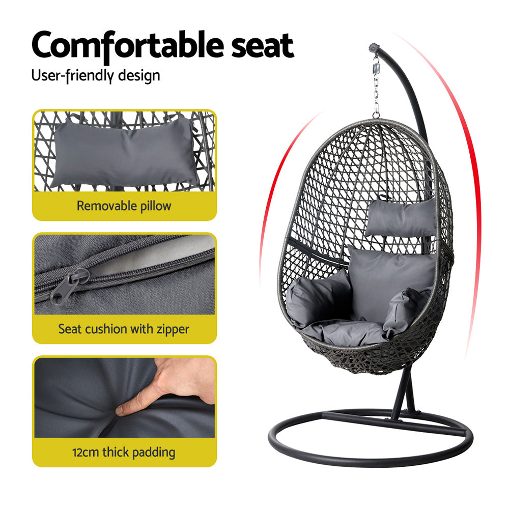 Gardeon Swing Chair Egg Hammock With Stand Outdoor Furniture Wicker Seat Black