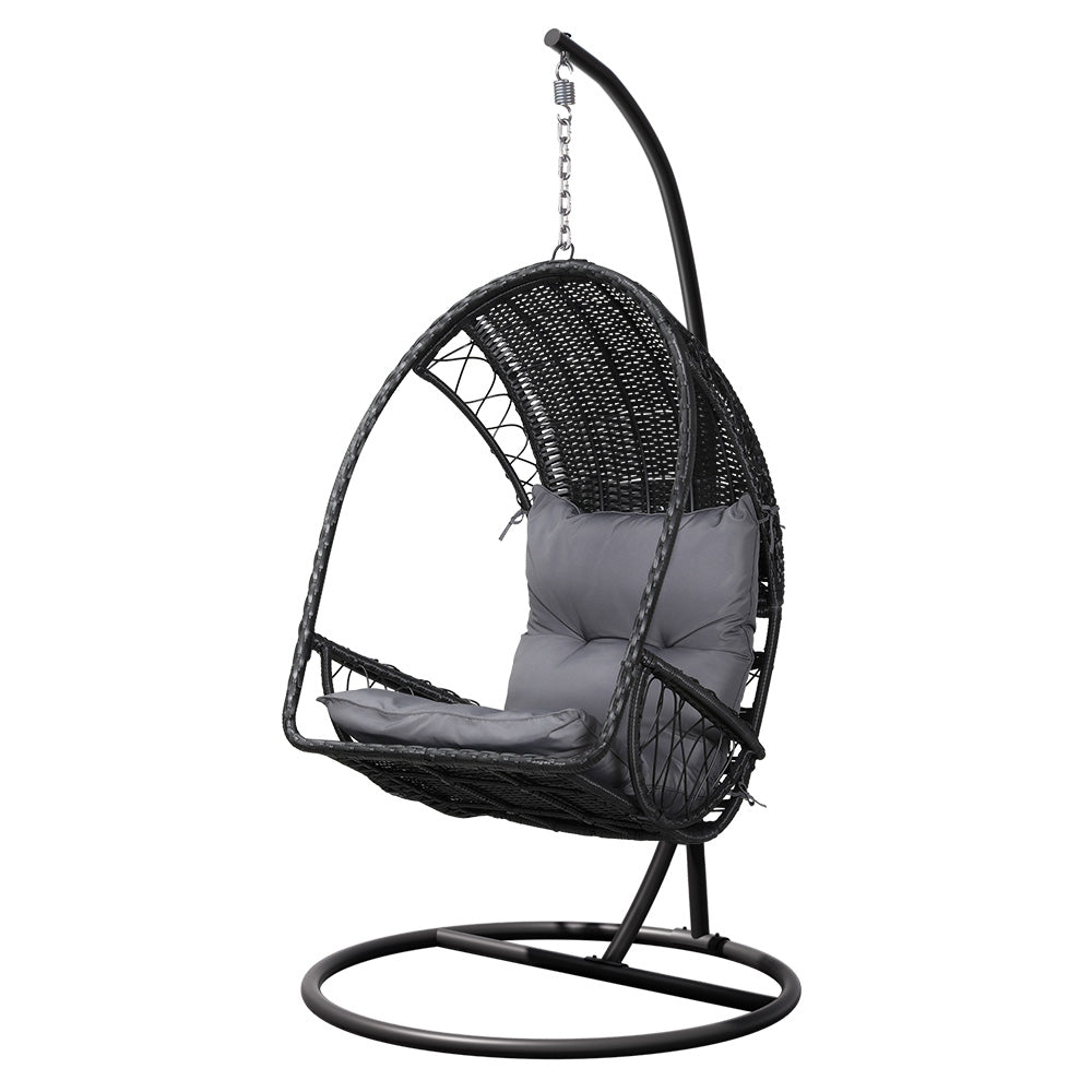 Gardeon Outdoor Egg Swing Chair with Stand Cushion Wicker Armrest Black