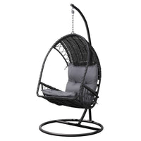 Thumbnail for Gardeon Outdoor Egg Swing Chair with Stand Cushion Wicker Armrest Black