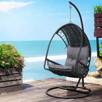 Thumbnail for Gardeon Outdoor Egg Swing Chair with Stand Cushion Wicker Armrest Black