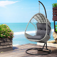 Thumbnail for Gardeon Outdoor Egg Swing Chair with Stand Cushion Wicker Armrest Light Grey