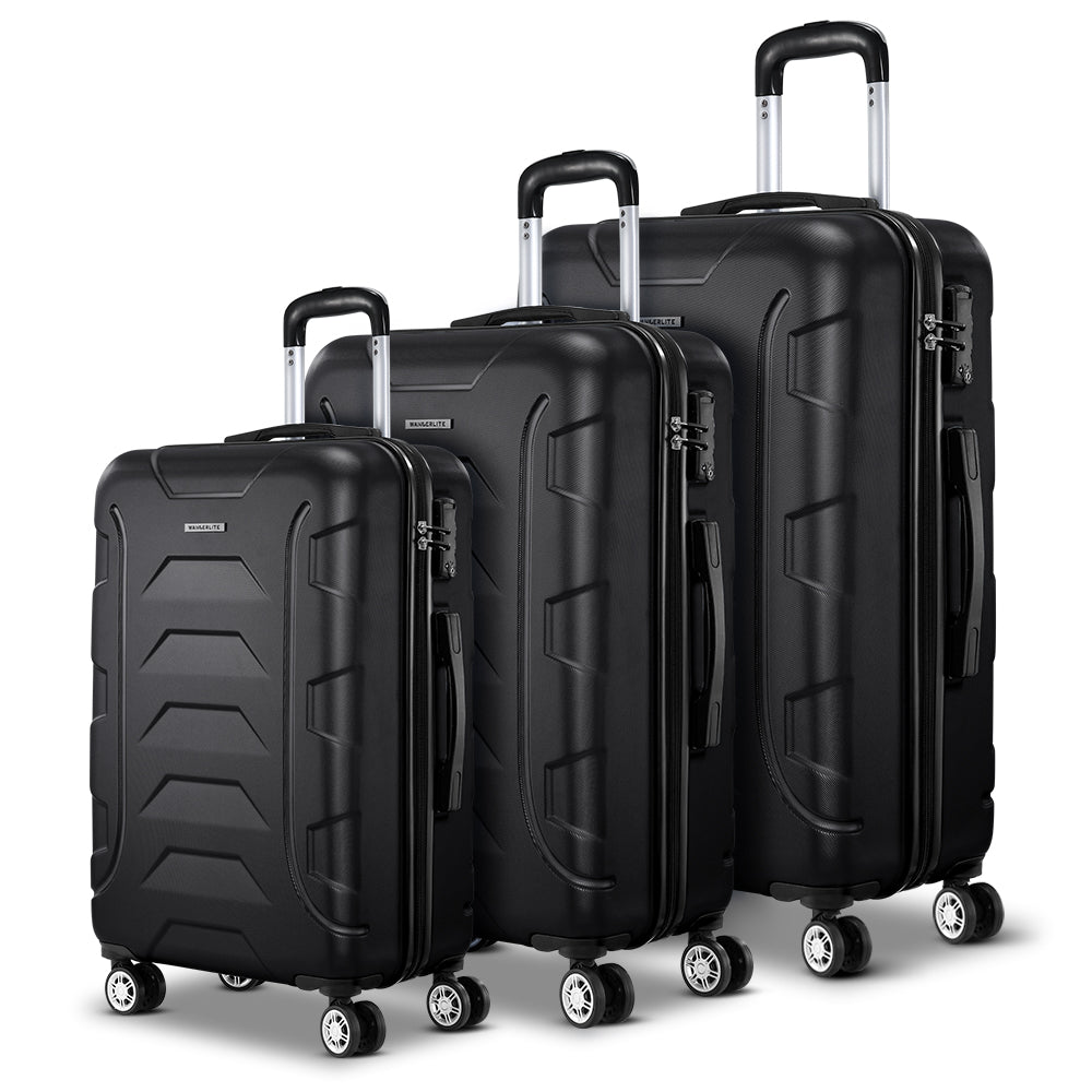 Wanderlite 3pc Luggage Travel Sets Suitcase Trolley TSA Lock Black