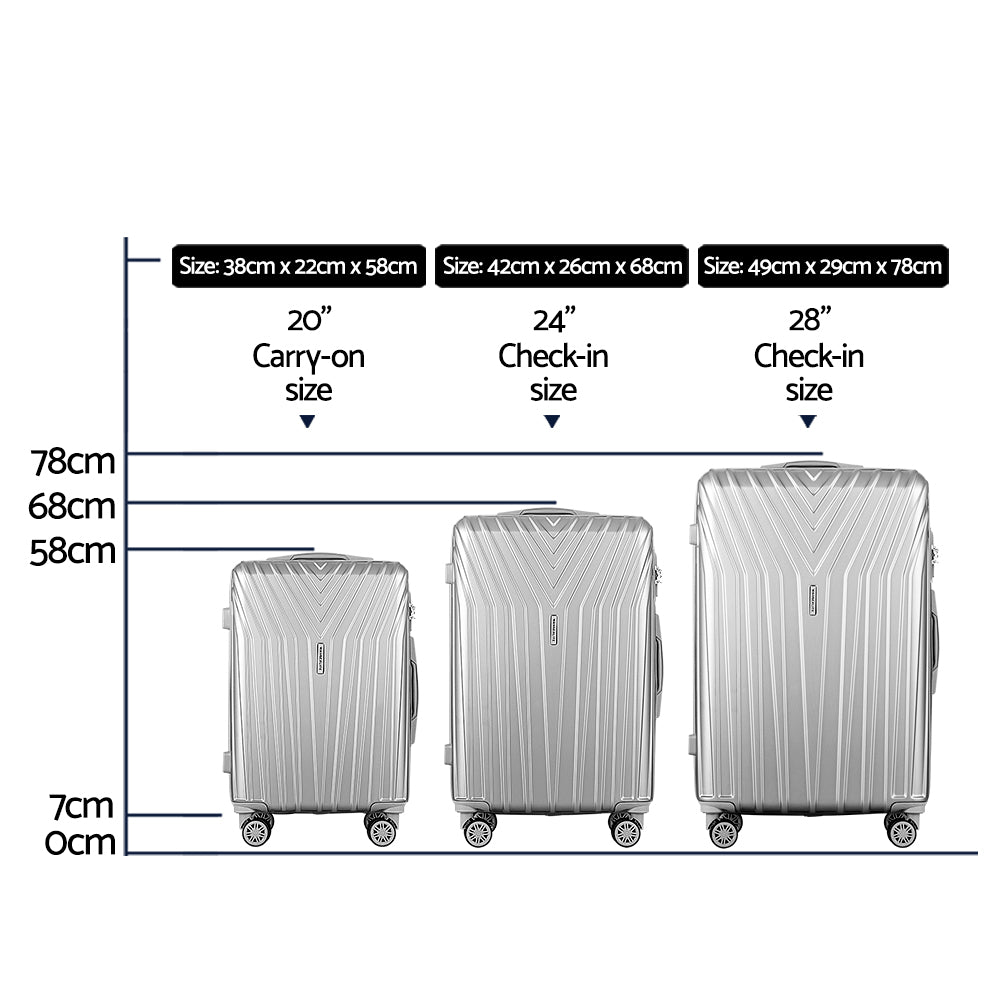 Wanderlite 3pc Luggage 20'' 24'' 28'' Trolley Suitcase Sets Travel TSA Hard Case Lightweight Silver