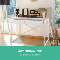 Thumbnail for Artiss Metal Desk with Drawer - White with Wooden Top