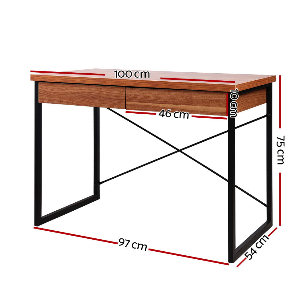 Artiss Metal Desk with Drawer - Walnut