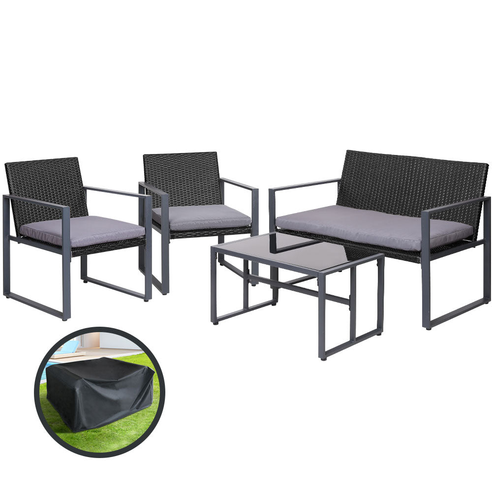 Gardeon 4 PCS Outdoor Dining Set Lounge Setting Patio Wicker Chairs Table w/Cover