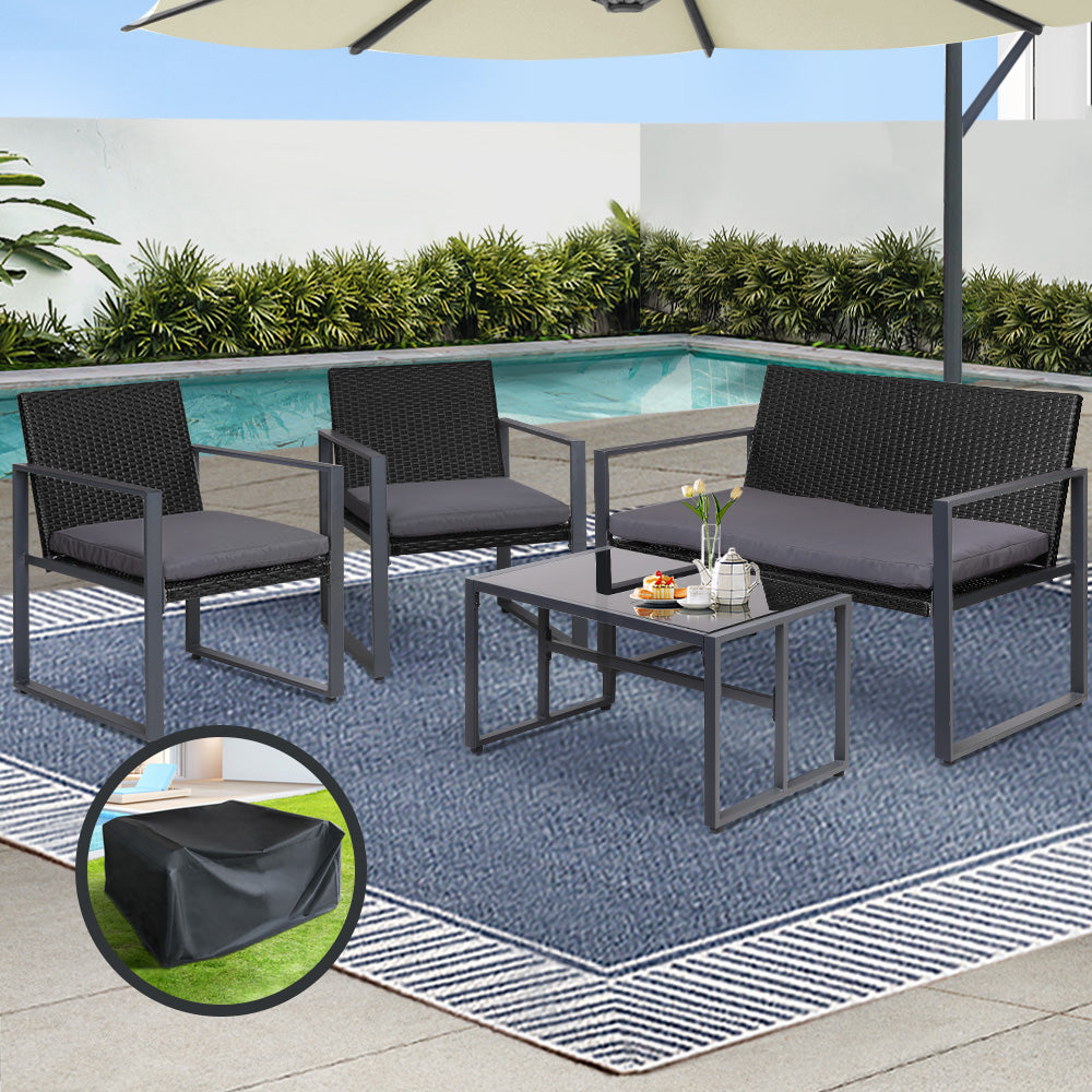 Gardeon 4 PCS Outdoor Dining Set Lounge Setting Patio Wicker Chairs Table w/Cover