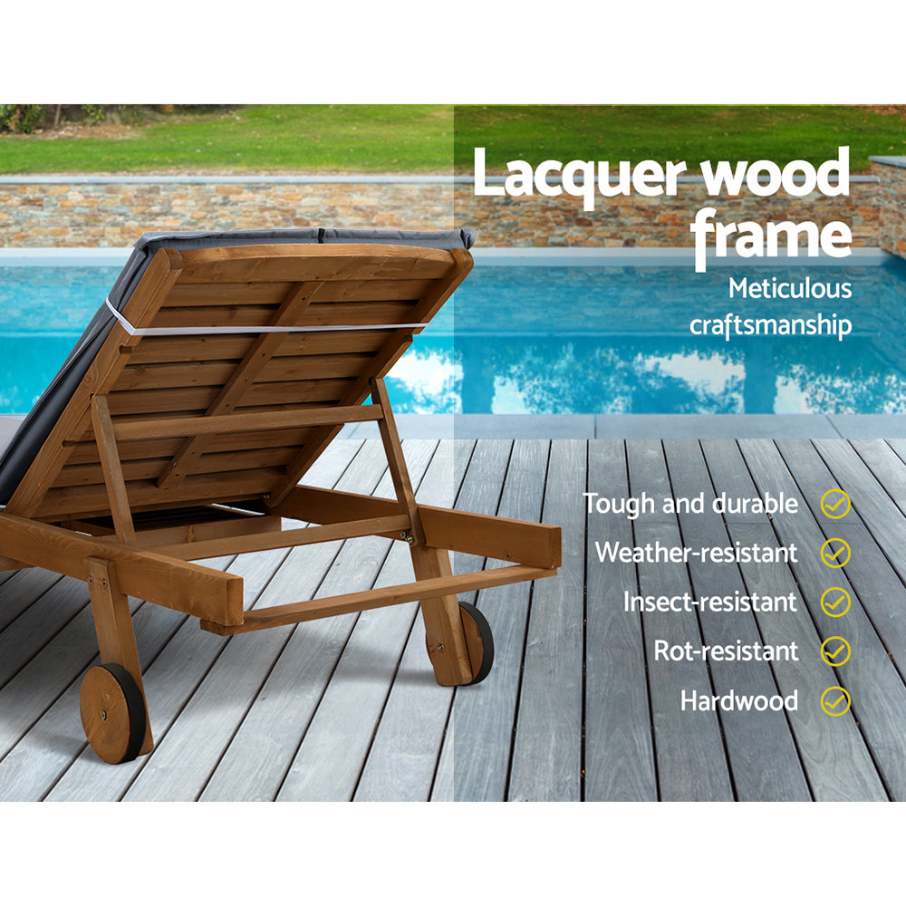 Gardeon Sun Lounge Wooden Lounger Outdoor Furniture Day Bed Wheel Patio Grey