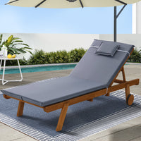 Thumbnail for Gardeon Sun Lounge Wooden Lounger Outdoor Furniture Day Bed Wheel Patio Grey