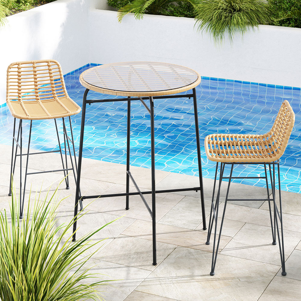 Gardeon 3 PCS Outdoor Bar Set Wicker Dining Bistro Patio Table Chairs Set Steel