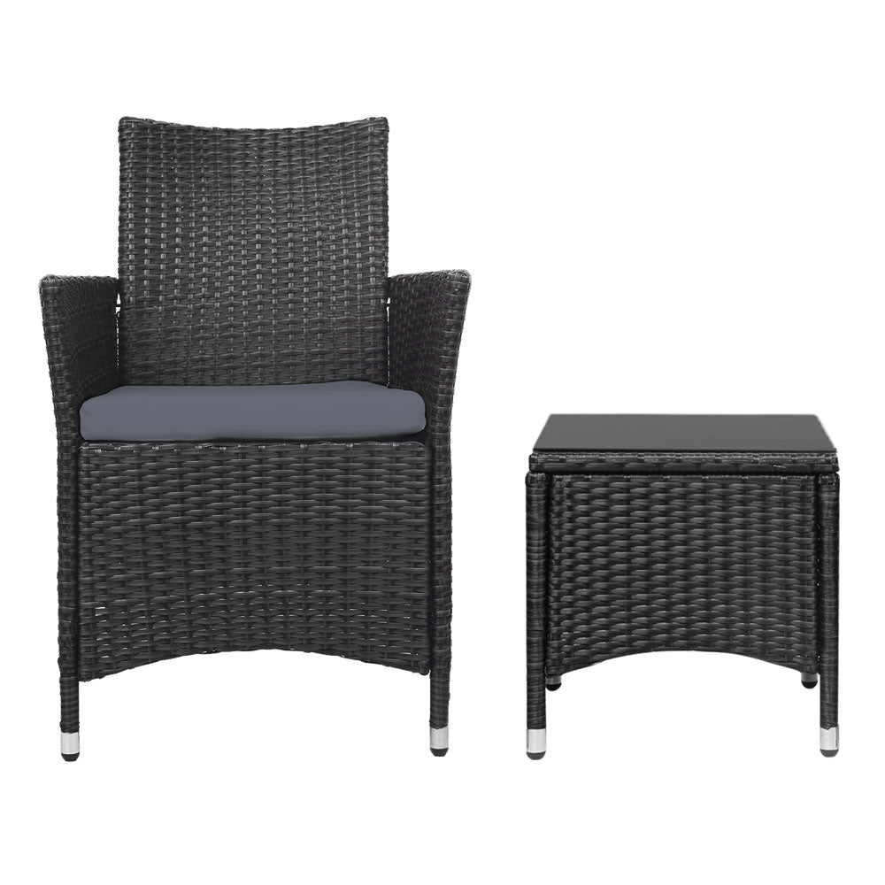 Gardeon 3pc Bistro Wicker Outdoor Furniture Set Black