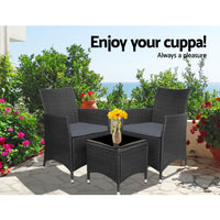 Thumbnail for Gardeon 3pc Bistro Wicker Outdoor Furniture Set Black