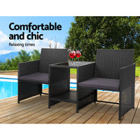 Thumbnail for Gardeon Outdoor Setting Wicker Loveseat Birstro Set Patio Garden Furniture Black