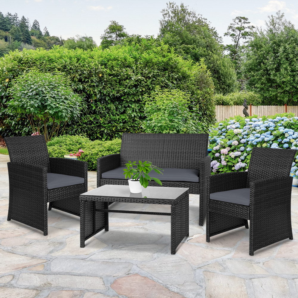 Gardeon Set of 4 Outdoor Lounge Setting Rattan Patio Wicker Dining Set Black