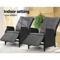 Thumbnail for Gardeon Set of 2 Recliner Chairs Sun lounge Outdoor Furniture Setting Patio Wicker Sofa Black