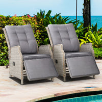 Thumbnail for Gardeon Set of 2 Recliner Chairs Sun lounge Outdoor Furniture Setting Patio Wicker Sofa Grey