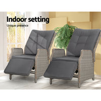 Thumbnail for Gardeon Set of 2 Recliner Chairs Sun lounge Outdoor Furniture Setting Patio Wicker Sofa Grey