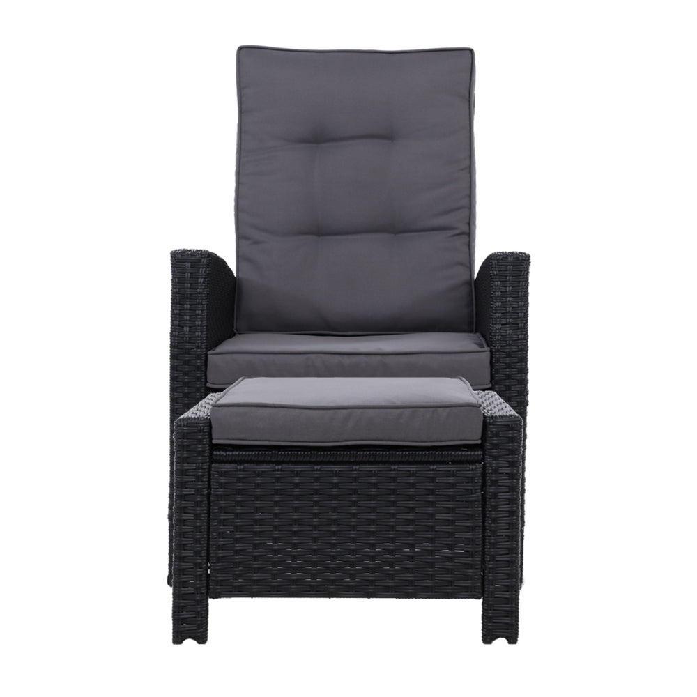 Sun lounge Recliner Chair Wicker Lounger Sofa Day Bed Outdoor Furniture Patio Garden Cushion Ottoman Black Gardeon