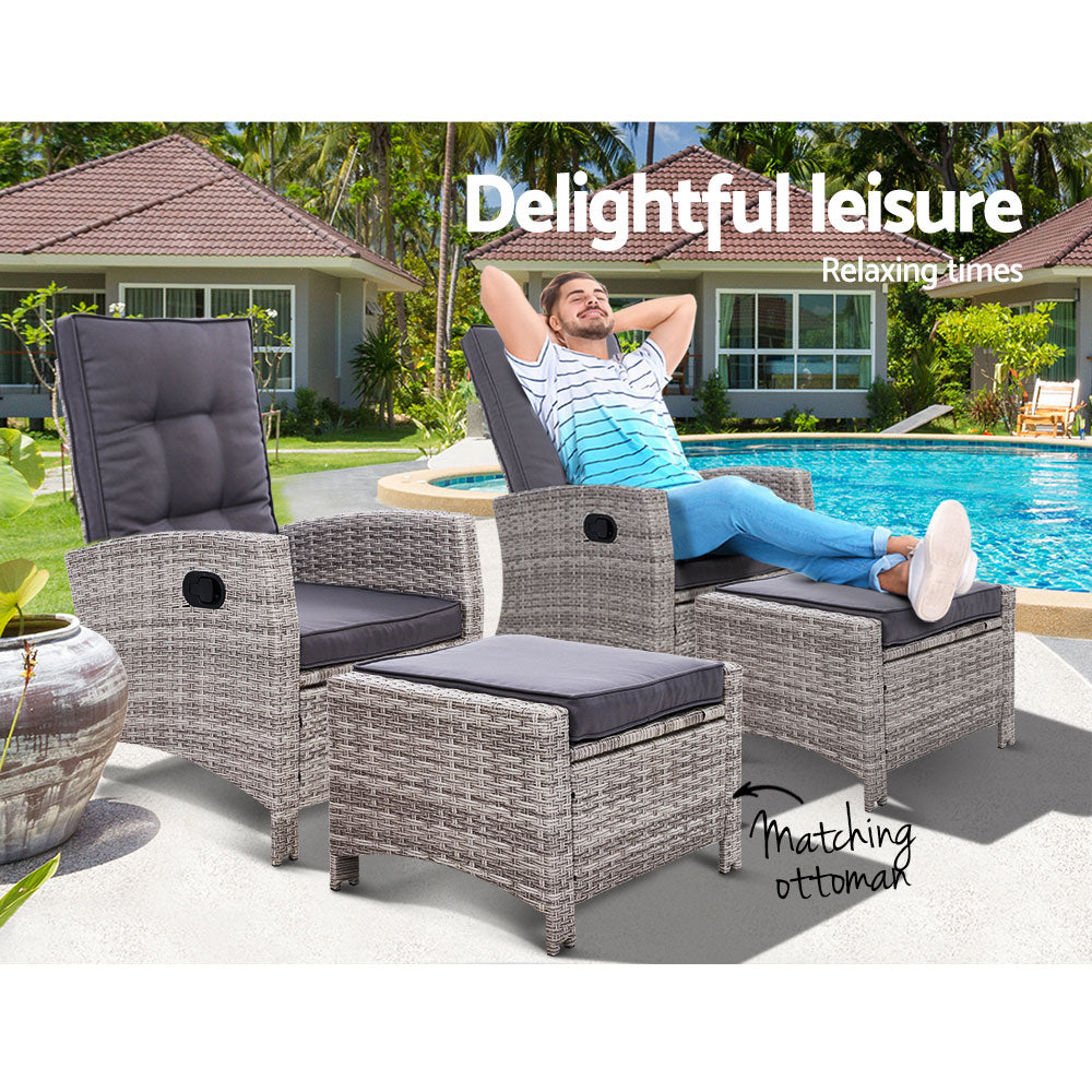 Set of 2 Sun lounge Recliner Chair Wicker Lounger Sofa Day Bed Outdoor Chairs Patio Furniture Garden Cushion Ottoman Gardeon