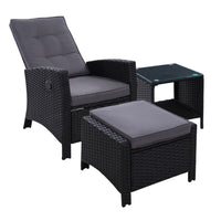 Thumbnail for Gardeon Outdoor Setting Recliner Chair Table Set Wicker lounge Patio Furniture Black