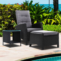 Thumbnail for Gardeon Outdoor Setting Recliner Chair Table Set Wicker lounge Patio Furniture Black