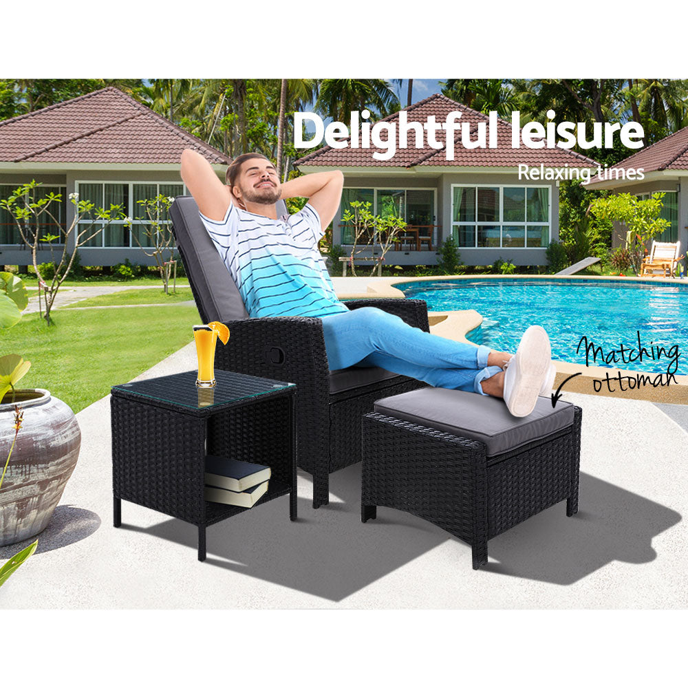 Gardeon Outdoor Setting Recliner Chair Table Set Wicker lounge Patio Furniture Black