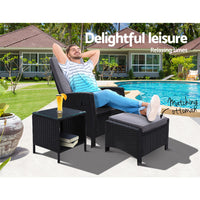 Thumbnail for Gardeon Outdoor Setting Recliner Chair Table Set Wicker lounge Patio Furniture Black