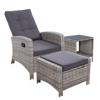 Thumbnail for Gardeon Outdoor Setting Recliner Chair Table Set Wicker lounge Patio Furniture Grey