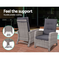 Thumbnail for Gardeon Outdoor Setting Recliner Chair Table Set Wicker lounge Patio Furniture Grey