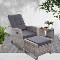 Thumbnail for Gardeon Outdoor Setting Recliner Chair Table Set Wicker lounge Patio Furniture Grey