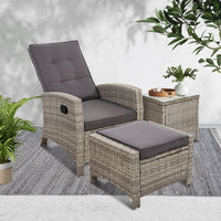 Thumbnail for Gardeon Outdoor Setting Recliner Chair Table Set Wicker lounge Patio Furniture Grey