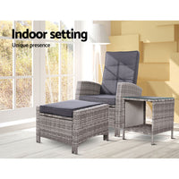 Thumbnail for Gardeon Outdoor Setting Recliner Chair Table Set Wicker lounge Patio Furniture Grey