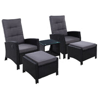 Thumbnail for Gardeon Outdoor Patio Furniture Recliner Chairs Table Setting Wicker Lounge 5pc Black