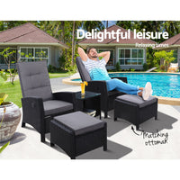 Thumbnail for Gardeon Outdoor Patio Furniture Recliner Chairs Table Setting Wicker Lounge 5pc Black