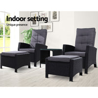 Thumbnail for Gardeon Outdoor Patio Furniture Recliner Chairs Table Setting Wicker Lounge 5pc Black