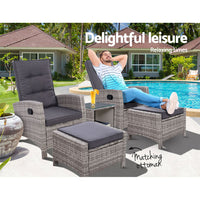 Thumbnail for Gardeon Outdoor Patio Furniture Recliner Chairs Table Setting Wicker Lounge 5pc Grey