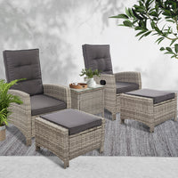 Thumbnail for Gardeon Outdoor Patio Furniture Recliner Chairs Table Setting Wicker Lounge 5pc Grey